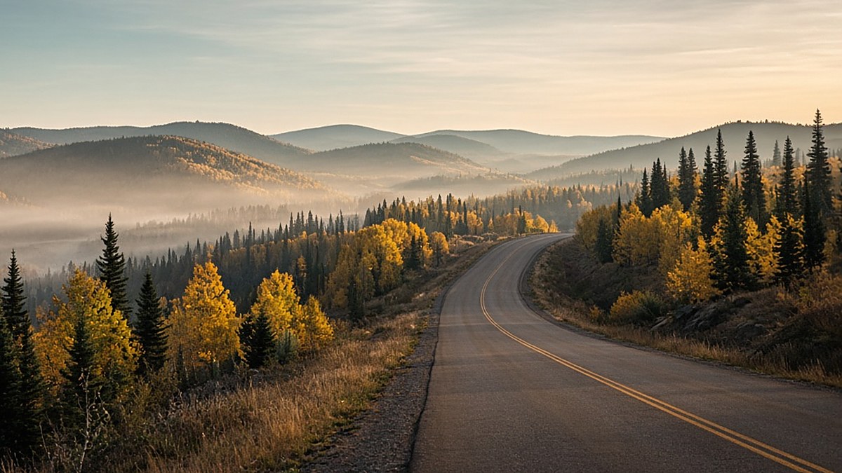 A winding highway through autumn hills and forest in early morning light
